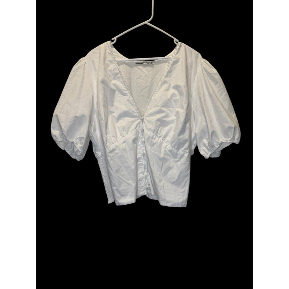 Abercrombie & Fitch White Puff Sleeve V-Neck Blouse
